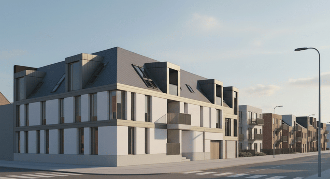 Vizualizácia budovy s rodinou prechádzajúcou okolo